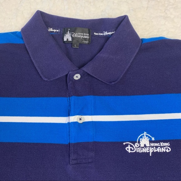Disneyland Hong Kong Men's Navy/Blue Stripe Polo Shirt Size L - Picture 3 of 4